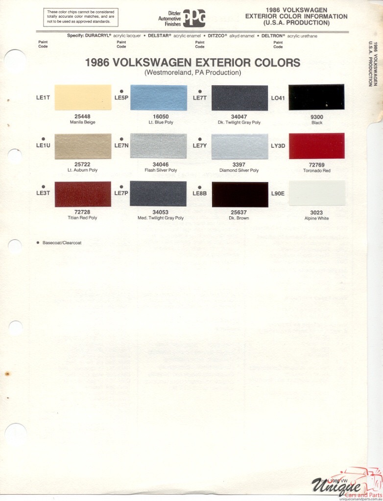 1986 Volkswagen Paint Charts PPG 1